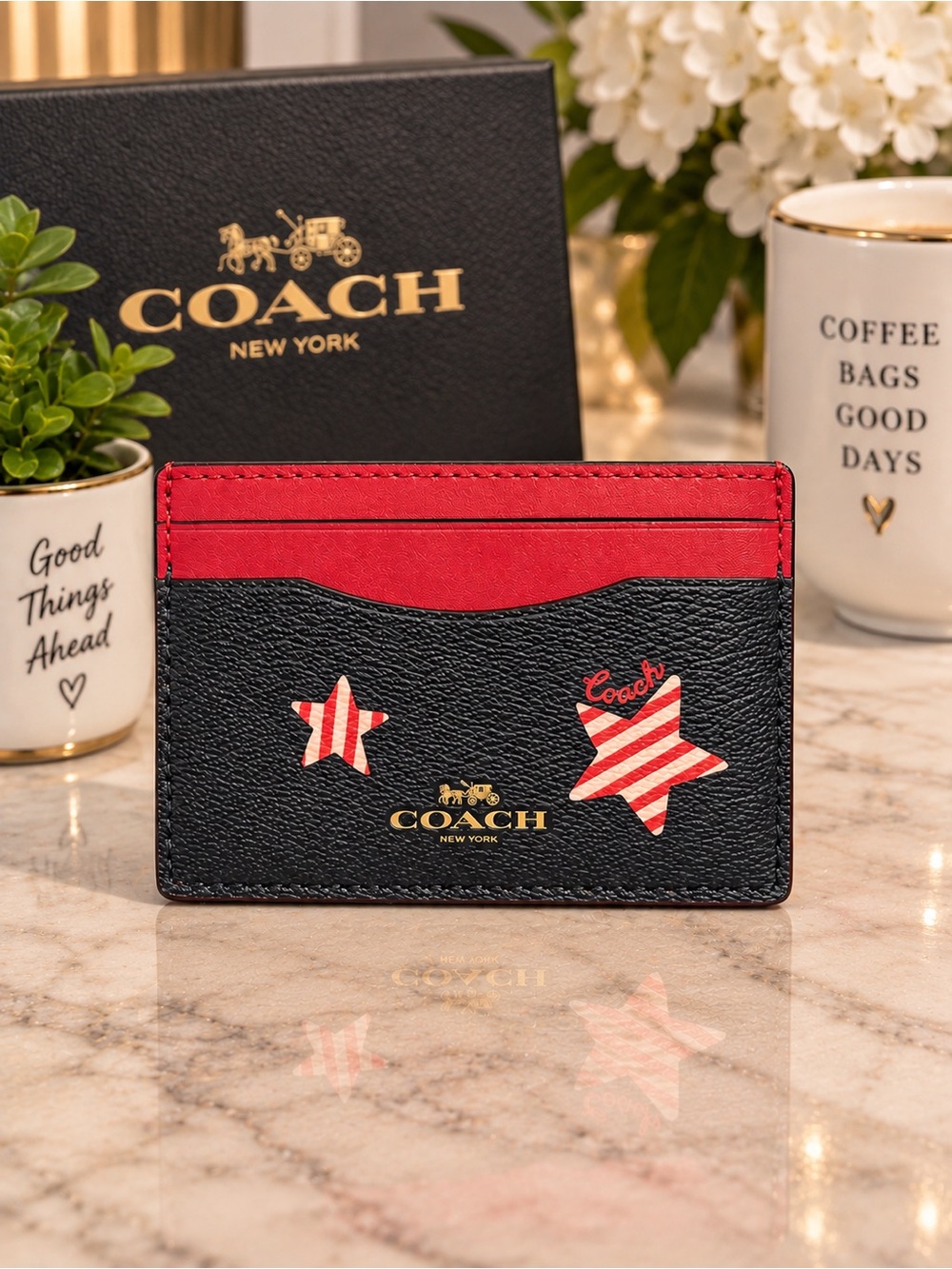 Coach Card Case Americana Star Print Navy Red Style 3365 NWOT